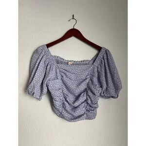 Altar'd State Purple Floral Puff Sleeve Ruched Front Crop Top Blouse Cottagecore